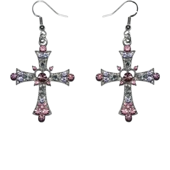 NEW Pink & Clear Rhinestones Cross dangle earrings - Picture 4 of 9